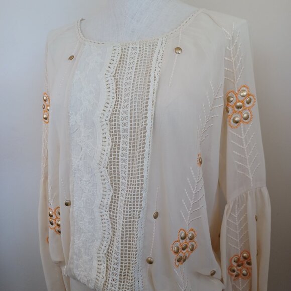 The Wallflower Boho Blouse Embroidered Lace Cream Orange Womens Large - Picture 3 of 12